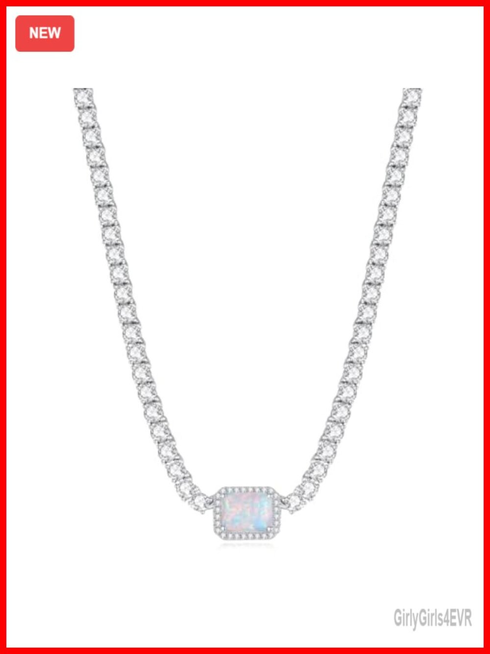 S925 Sterling Silver Opal Tennis Necklace 16+2 Inch Emerald Cut Pendant